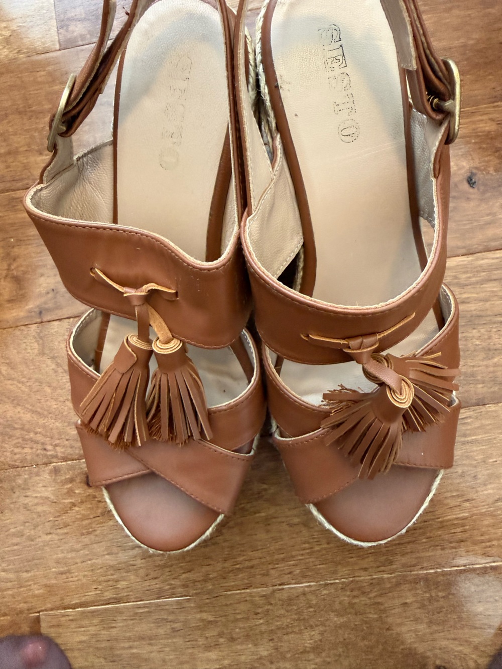 Franco Sarto Tan Leather Tassel Wedge Sandals Size 9